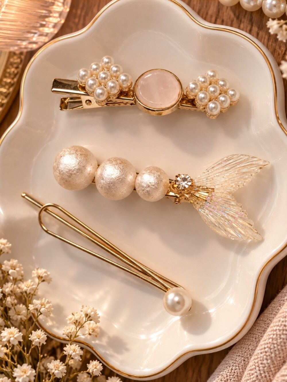 Luxury Gold Tone Metal and Pearl Mermaid Tail Hair Clip Trio - New
